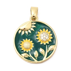 Плоский Круглый Латунные подвески с фианитами, с эмалью, без свинца и без кадмия, долговечный, цветочным узором, реальный 18 k позолоченный, плоско-круглые, 23x20x2.5 мм, отверстие : 5x3 мм