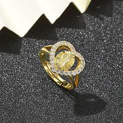 Сердце Кольца на палец с прозрачным кубическим цирконием на тему Девы Марии, украшения из латуни для женщин, долговечный, стойки покрытие, без свинца и без кадмия, реальный 18 k позолоченный, сердце, 13x14.5 мм, внутренний диаметр: 17 мм