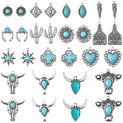 Античное Серебро 30шт 15 стили подвески из синтетической бирюзы, со сплавочной фурнитурой, кактус «голова коровы» с двойным рогом, разнообразные, античное серебро, 18~38x8.5~41x3~8 мм, отверстие : 1.6~2.8 мм, 2 шт / стиль