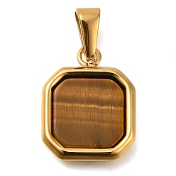 Тигровый глаз Природных тигровый глаз подвески, квадратных амулеты, с вакуумным покрытием PVD 304 настройки из нержавеющей стали, золотые, 19x15x4 мм, отверстие : 7x3 мм