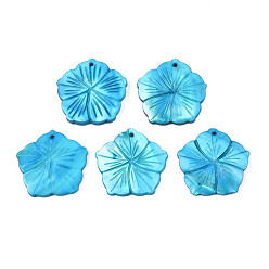 Deep Sky Blue Natural Freshwater Shell Pendants, Dyed, Flower, Deep Sky Blue, 37~38x38~39x4~5.5mm, Hole: 2mm
