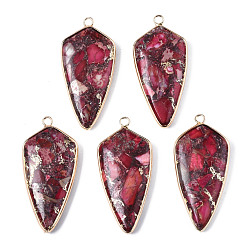 Imperial Jasper Assembled Synthetic Bronzite and Imperial Jasper Pendants, with Light Gold Iron Loop and Brass Edge, Teardrop, 45x21x6mm, Hole: 2.5mm