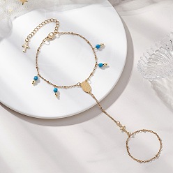 Синтетическая Бирюза 304 браслеты из нержавеющей стали с синтетической бирюзой для женщин, овал с девой марии и крестом, 7-3/8 дюйм (18.6 см)