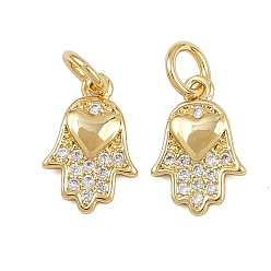 Настоящее золото 18K Латунные микро проложить кубического циркония подвески, с целью перехода в кольце, Хамса рука с подвесками в виде сердечек, стойки покрытие, долговечный, без свинца и без кадмия, реальный 18 k позолоченный, 12x8x2 мм, отверстие : 3 мм