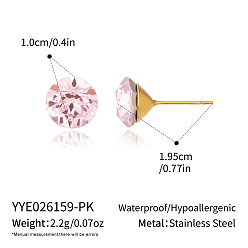 Pink 304 Круглые серьги-гвоздики из нержавеющей стали с хрустальными вставками для женщин, реальный 18 k позолоченный, розовые, 19.5x10 мм