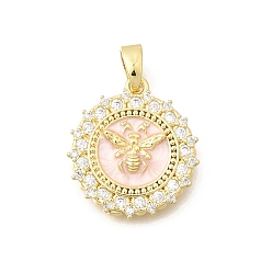 Настоящее золото 18K Латунные подвески с фианитами, с emanel, Круглые подвески в виде пчел, долговечный, реальный 18 k позолоченный, 18x16x3 мм, отверстие : 5x3 мм