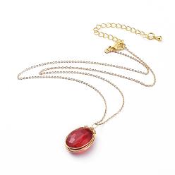 Red Glass Pendant Necklaces, with Copper Wire, Brass Cable Chains, Chain Extender and Lobster Claw Clasp, with Cardboard Packing Box, Oval, Red, 15.3 inch(39cm)