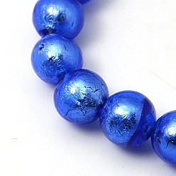 Blue Handmade Silver Foil Glass Beads Strands, Round, Blue, 10mm, Hole: 2mm