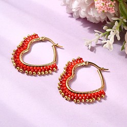 Red Glass Seed Hoop Earrings for Women, Heart, 201 Stainless Steel Hoop Earrings, Golden, Red, 32.5x30.5x2.5mm
