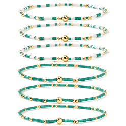 Весенне-зеленый 6 Браслеты ручной работы из стеклянного бисера и латунных бусин, эластичные., Регулируемый набор украшений для женщин, которые можно носить в несколько рядов., весенний зеленый, 6.50 дюйм (16.5 см)