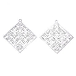 Stainless Steel Color 201 Stainless Steel Filigree Pendants, Etched Metal Embellishments, Rhombus, Stainless Steel Color, 38x36x0.3mm, Hole: 1.6mm, Diagonal Length: 38mm, Side Length: 26mm