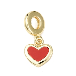 Настоящее золото 18K Латунные эмалированные европейские подвески с подвесками, подвески с красным сердцем и большим отверстием, реальный 18 k позолоченный, 23 мм, отверстие : 4.7 мм