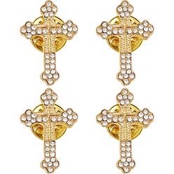 Золотой 4 шт. булавки-накладки на лацкан из цинкового сплава с цветочным крестом и стразами для рюкзака, золотые, 24.5x17 мм