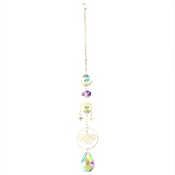 Teardrop Metal Moth Moon Hanging Ornaments, Glass Tassel Suncatchers for Home Garden Outdoor Decoration, Teardrop, 310~340mm