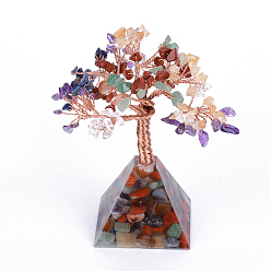 Mixed Stone Natural Gemstone Chips and Gemstone pedestal Display Decorations, Healing Stone Tree, for Reiki Healing Crystals Chakra Balancing, with Rose Gold Tone Aluminum Wires, Lucky Tree, 120~150x60x59mm