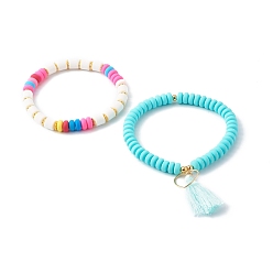 Turquoise Handmade Polymer Clay Beads Stretch Bracelets Sets, with Brass Beads & Pendants, with Tassels, Heart, Turquoise, Inner Diameter: 2~2-1/8 inch(5.2~5..5cm), 2pcs/set