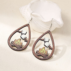 Teardrop Wood Dangle Earrings for Women, Platinum, Teardrop, 81x39mm