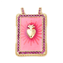 Pink Латунные микро проложить кубического циркония подвески, Прямоугольник с сердцем, с эмалью, стойки покрытие, долговечный, без свинца и без кадмия, реальный 18 k позолоченный, розовые, 36x22x4 мм, отверстие : 3 мм