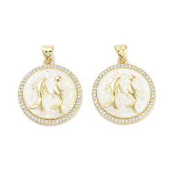 Рыбы Латунные микропаве прозрачные подвески с фианитом, без кадмия и без свинца, с синтетическим опалом и жемчугом из АБС-пластика, реальный 18 k позолоченный, плоский круглый шарм с двенадцатью созвездиями, Рыбы, 23x20x2.5 мм, отверстие : 4.5x3 мм