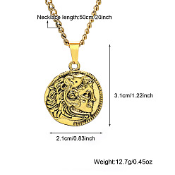 Flat Round 304 Stainless Steel Human Wolf Pendant Necklaces for Women, Men, Golden, Flat Round, 19.69 inch(50cm), Pendant: 31x21mm