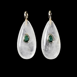 Quartz Crystal Natural Quartz Crystal Rock Crystal Pendants, Teardrop Charms with Brass Micro Pave Cubic Zirconia Findings, Golden, 38.5x15.5x9mm, Hole: 3.5mm