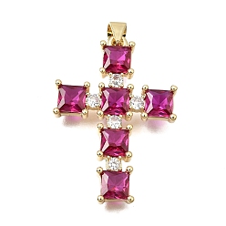 Deep Pink Brass Pave Cubic Zirconia Pendants, Cross with Square Charms, Long-Lasting Plated, Cadmium Free & Lead Free, Real 18K Gold Plated, Deep Pink, 32.5x23x3.5mm, Hole: 4x3.5mm