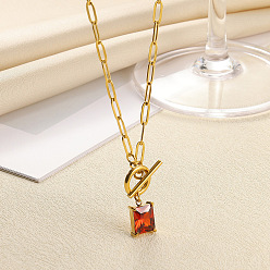 Шоколадный 304 Кулон или ожерелье из нержавеющей стали с квадратным камнем-талисманом, инкрустированным кубическим цирконием., золотые, цвет шоколада, 17.72 дюйм (45 см)