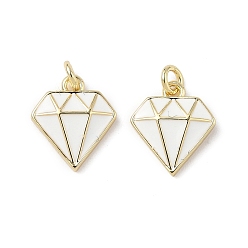 Белый Латунь эмаль прелести, ромб, стойки покрытие, долговечный, без свинца и без кадмия, с целью перехода в кольце, реальный 18 k позолоченный, белые, 12.5x10.5x2.5 мм, отверстие : 2 мм