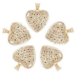Real 18K Gold Plated 5Pcs Brass Micro Pave Clear Cubic Zirconia Pendants, Nickel Free, Heart, Real 18K Gold Plated, 21x20x4mm, Hole: 3x5mm