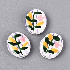Colorful Hand Painted Tulip Flower Oval Porcelain Beads, Floral Ceramic Beads, Colorful, 18~21x15~17x5~6mm, Hole: 1.8~2mm
