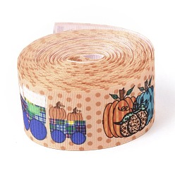 Pumpkin Autumn Theme Polyester Grosgrain Ribbon, Single Face Printed Pattern, for DIY Handmade Craft, Festival Party, Gift Decoration , Pumpkin Pattern, 1-1/2 inch(38mm), 10 yards/roll(9.14m/roll)