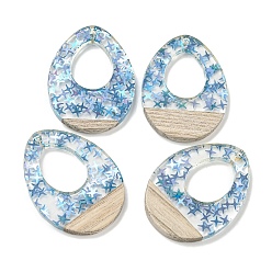 Темно-Голубой Деревянные подвески, смола и золотая фольга, слеза, глубокое синее небо, 37.5x28x4 мм, отверстие : 2 мм