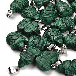 Малахит Синтетического малахита подвески, с 201 вывод из нержавеющей стали, черепаха, 26~27x15.5x7.5 мм, отверстие : 4x7.5 мм