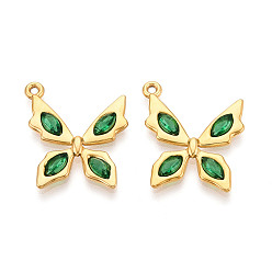 Зеленый 304 подвески из нержавеющей стали с кубическим цирконием, бабочка, ионное покрытие (ip), реальный 18 k позолоченный, зелёные, 24x21x2.1 мм, отверстие : 1.2 мм