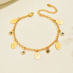 Oval Женские браслеты на лодыжку с подвеской в виде цветка из латуни и эмали темно-голубого цвета, реальный 18 k позолоченный, овальные, 8-1/4 дюйм (210 мм)