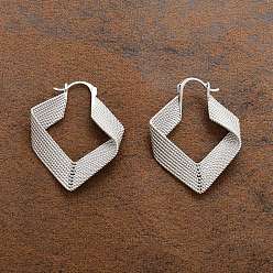 Платина Серьги-кольца из латуни с текстурированными ромбами для женщин, платина, 39.5x32.5x8 мм