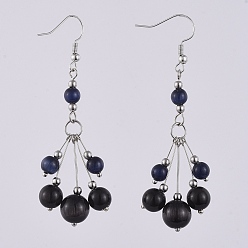 Black Dangle Earrings, with Cat Eye Round Beads, Brass Earring Hooks, Stainless Steel Beads & Pins, Black, 69mm, Pendant: 52x16mm