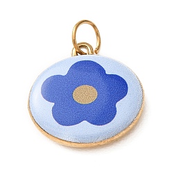 Azul Colgantes de acero inoxidable impresos 304, redondo con dijes de flores, real 18 k chapado en oro, azul, 17.5x18.5x4.5 mm, agujero: 3.5 mm