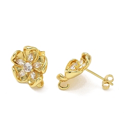 Doré  Laiton micro pave cubique zircone boucles d'oreilles conclusions, fleur, avec boucle, crémaillère plaquage, plaqué longue durée, sans cadmium et sans plomb, or, 15.5x14.5mm, Trou: 1.6mm, pin: 0.7 mm