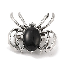 Обсидиан Броши из натурального обсидиана, со сплавочной фурнитурой, паук, античное серебро, 37x34x8 мм