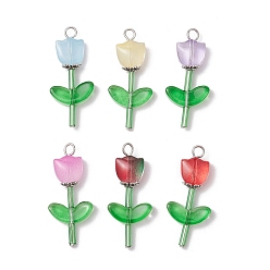 Цветок Прозрачные стеклянные бусины с колпачками из сплава в тибетском стиле, стеклярусные бусины и латунные плоские головки-булавки-подвески, цветок, 32x14x6 мм, отверстие : 2.5 мм