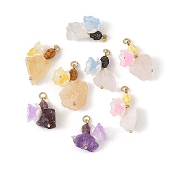 Mixed Stone Raw Rough Natural Mixed Stone and Porcelain Pendants, Halloween Skull with Flower Charms, Golden, Mixed Dyed and Undyed, 20~30x13~20x13~15mm, Hole: 3.5mm