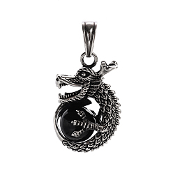 Black Stylish Retro 304 Stainless Steel Agate Dragon Pendants, Antique Silver, Black, 37.5x17x25mm, Hole: 6x10.5mm