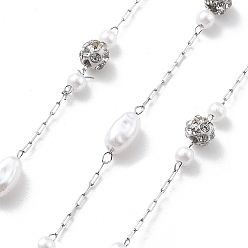 Нержавеющая Сталь Цвет Цепочки из нержавеющей стали ручной работы 304, с ABS имитации жемчуга, пайки, рис, с катушкой, цвет нержавеющей стали, 7x4.5x3.5 мм, около 16.40 футов (5 м) / рулон