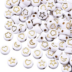 Blanc Perles acryliques opaques, plat rond avec étoile / lune / fleur, plaqué or, blanc, 7x4mm, trou: 1.6 mm, environ 1850 pcs / 250 g