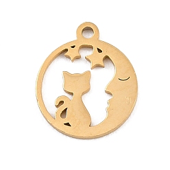 Золотой 304 прелести нержавеющей стали, плоский круглый с луной и кошкой, золотые, 12.5x10.5x1 мм, отверстие : 1.2 мм