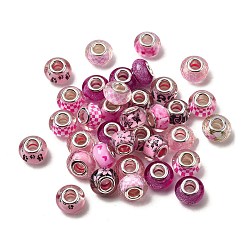 Фуксиновый Европейские бусины из прозрачной смолы с печатью, бусины с большим отверстием, рондель с латунными сердечниками, покрытыми серебром, и блестящей пудрой, красно-фиолетовые, 14x8.5 мм, отверстие : 5 мм