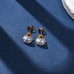 Настоящее золото 18K 304 Серьги-гвоздики из нержавеющей стали с прозрачным фианитом и микропаве, плоско-круглые, реальный 18 k позолоченный, 9 мм