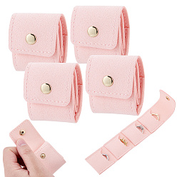 Pink 4-карманный органайзер для украшений из искусственной кожи с металлическими кнопками золотистого цвета, кольца ожерелья серьги браслеты, прямоугольные, розовые, 5.5x4.5x1.9 см