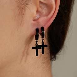 Черный Хип-хоп стиль 201 серьги-кольца с подвеской-крестиком из нержавеющей стали для женщин, чёрные, 30x13 мм